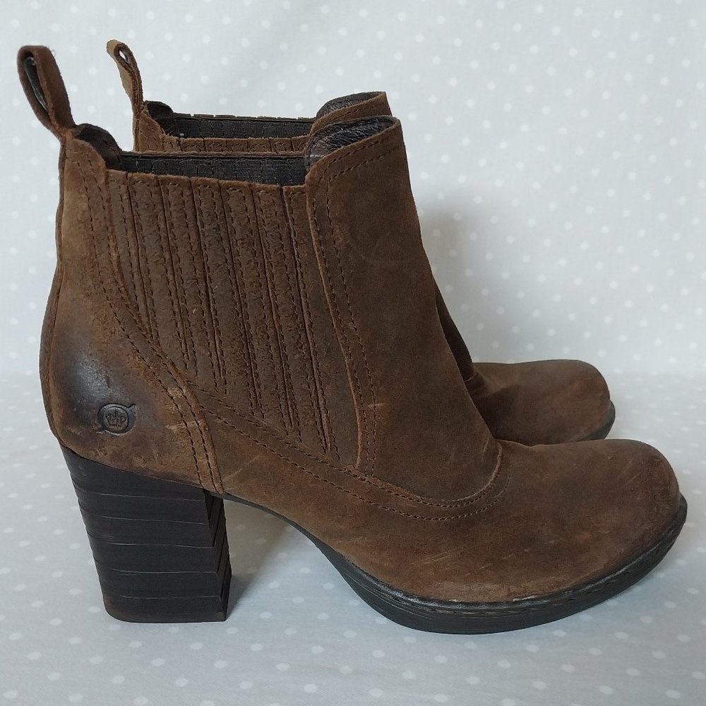 Born Brown Distressed Suede Western Stacked Heel Pull On Ankle Boots